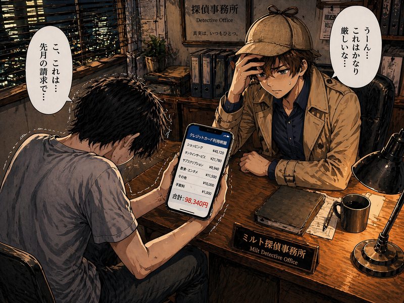 ケンタがクレカ明細を見せるシーン