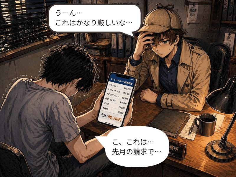 ケンタがクレカ明細を見せるシーン