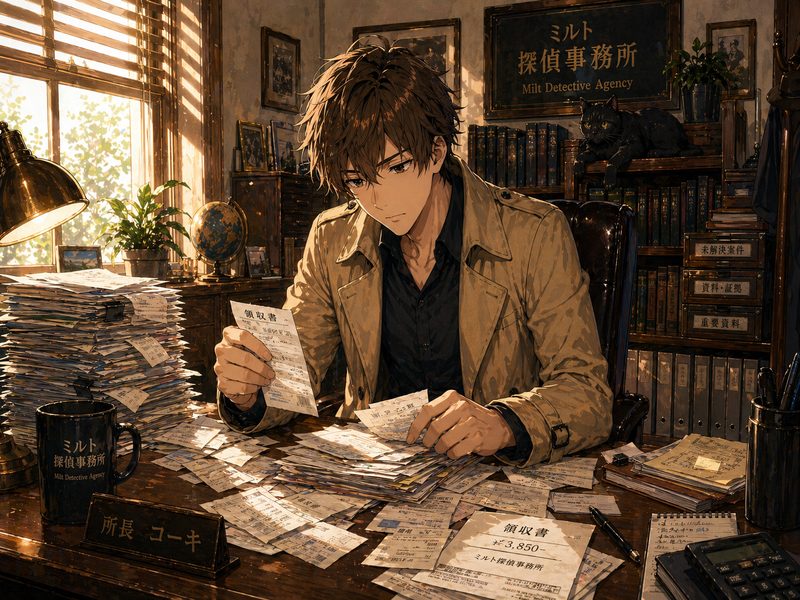 コーキが領収書を整理するシーン