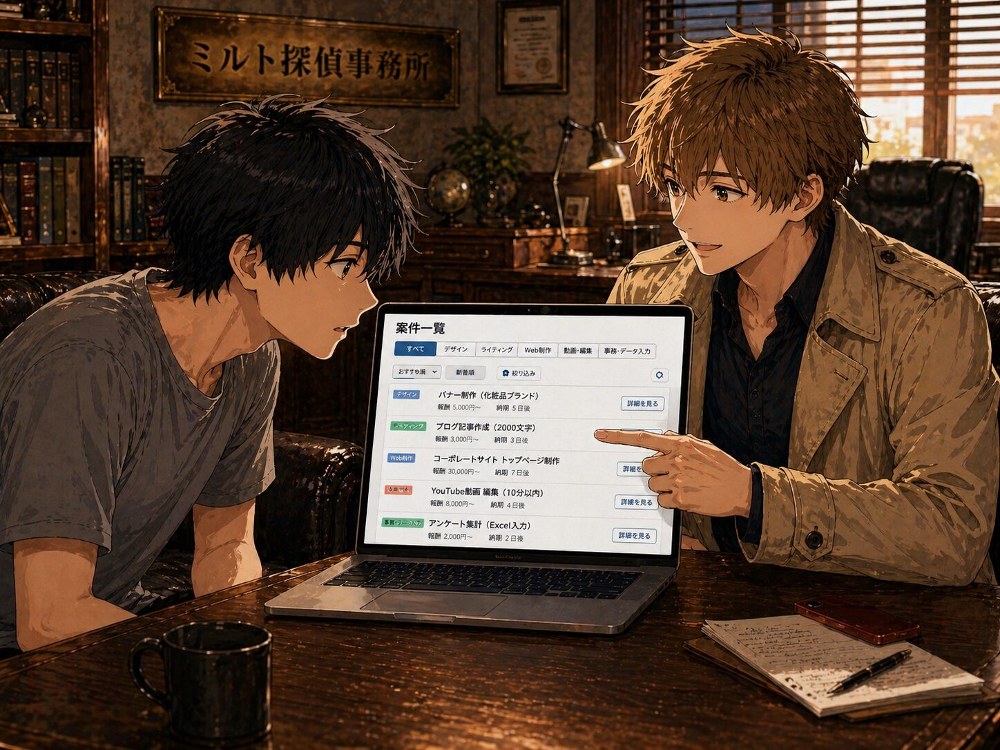 コーキがフリーランスの仕事取得を説明するシーン