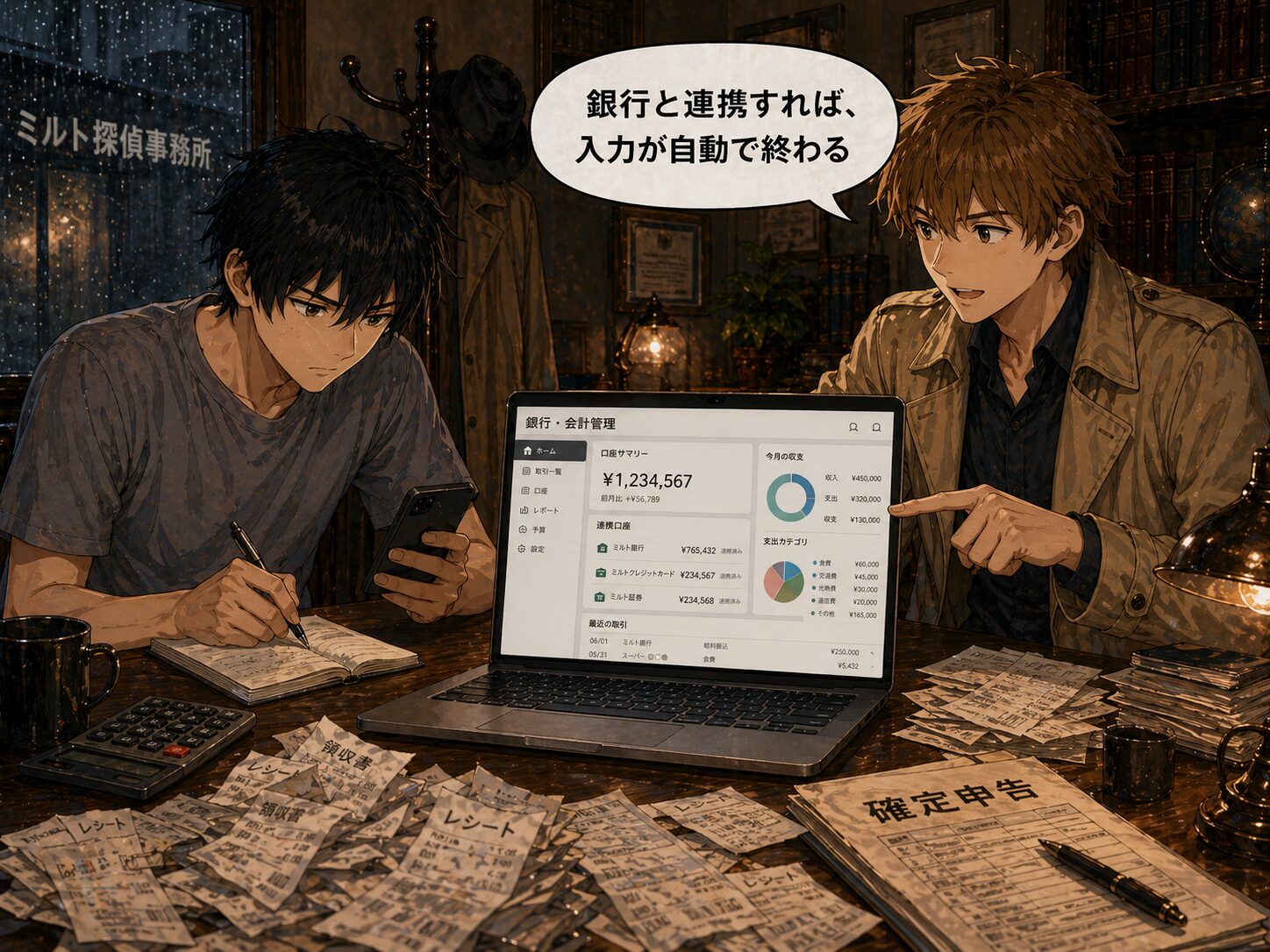 コーキが会計ソフトを説明するシーン