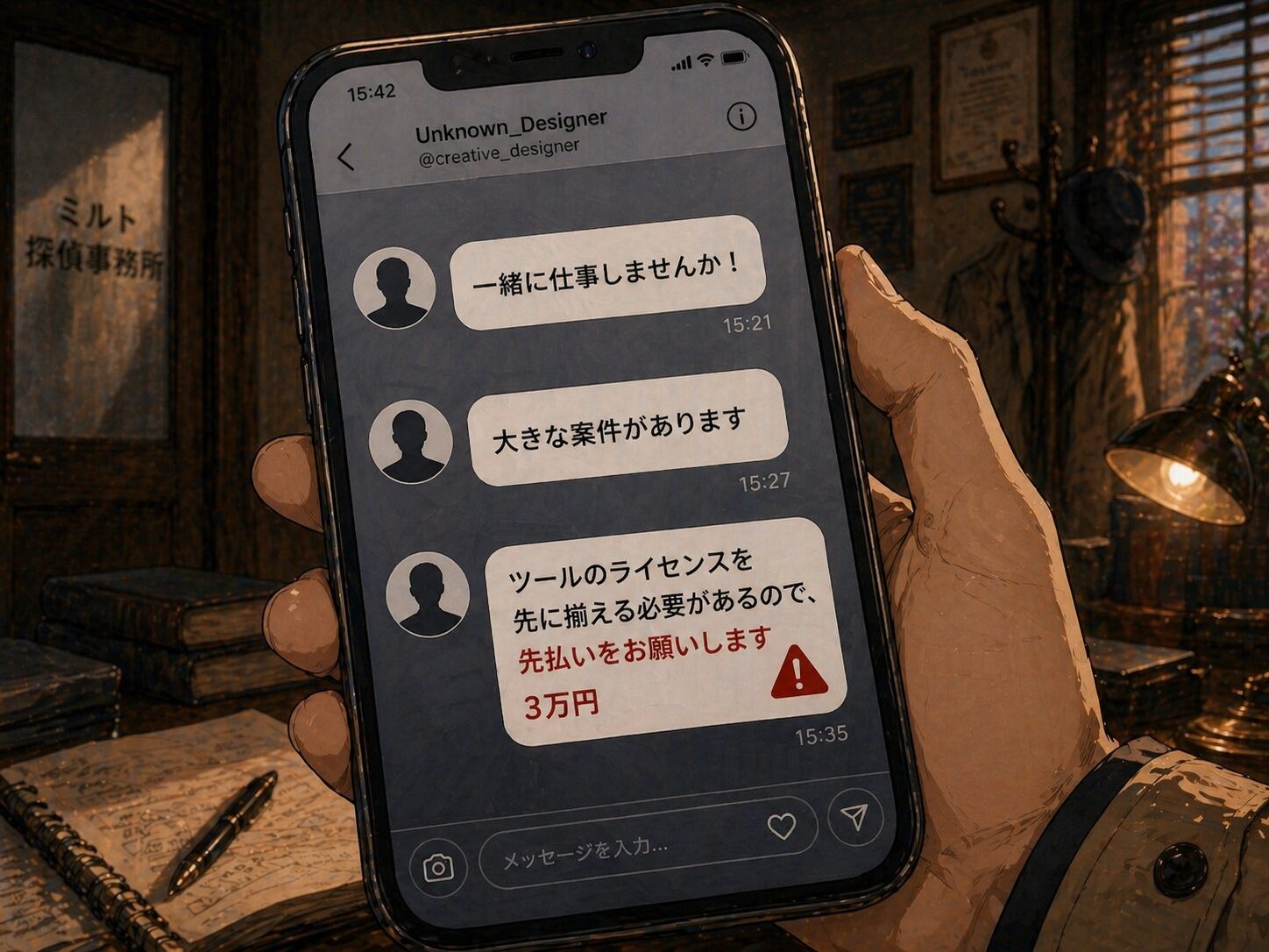 SNS詐欺のDM手口を示すシーン