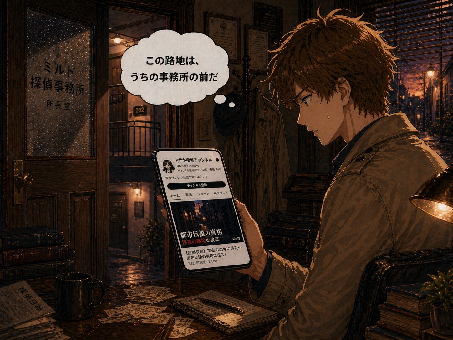 ミサキがSNSで事務所をコメントするシーン