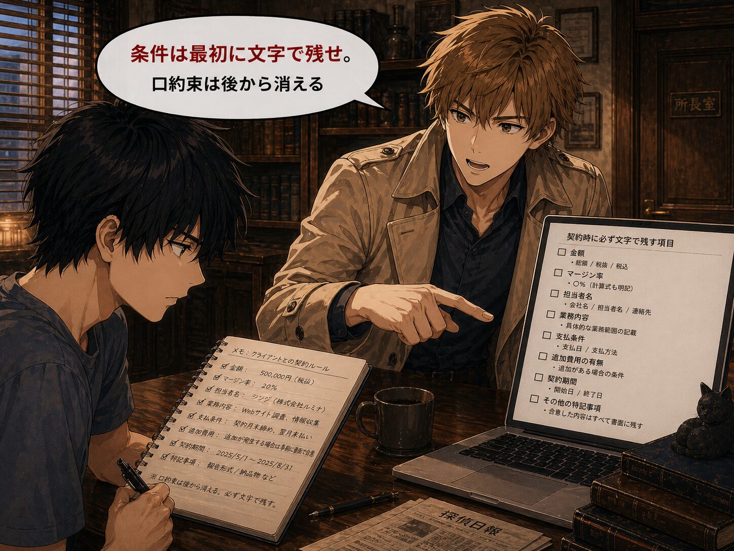 コーキが契約書を確認するシーン