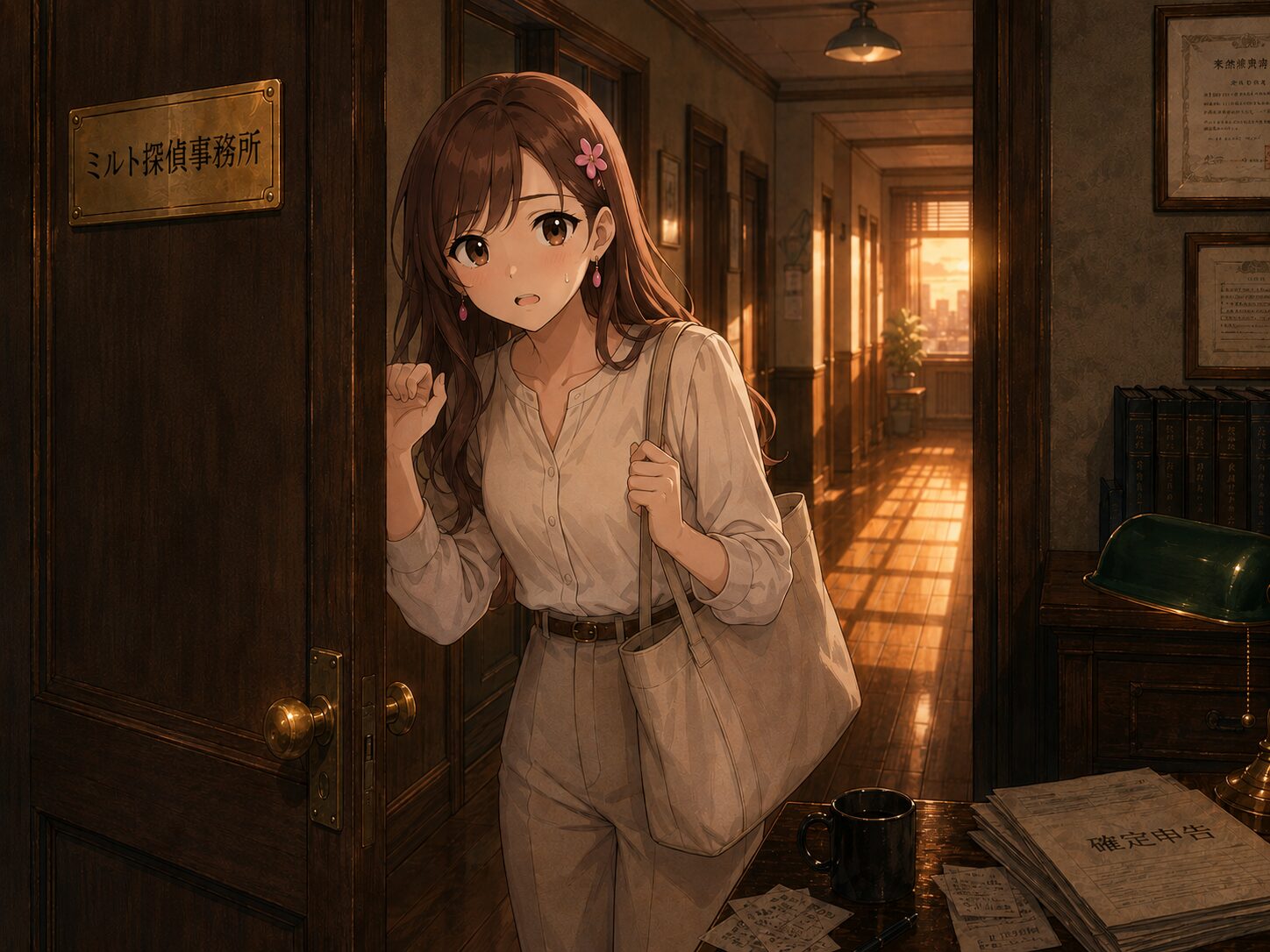 仕事帰りに事務所を訪れるサクラ