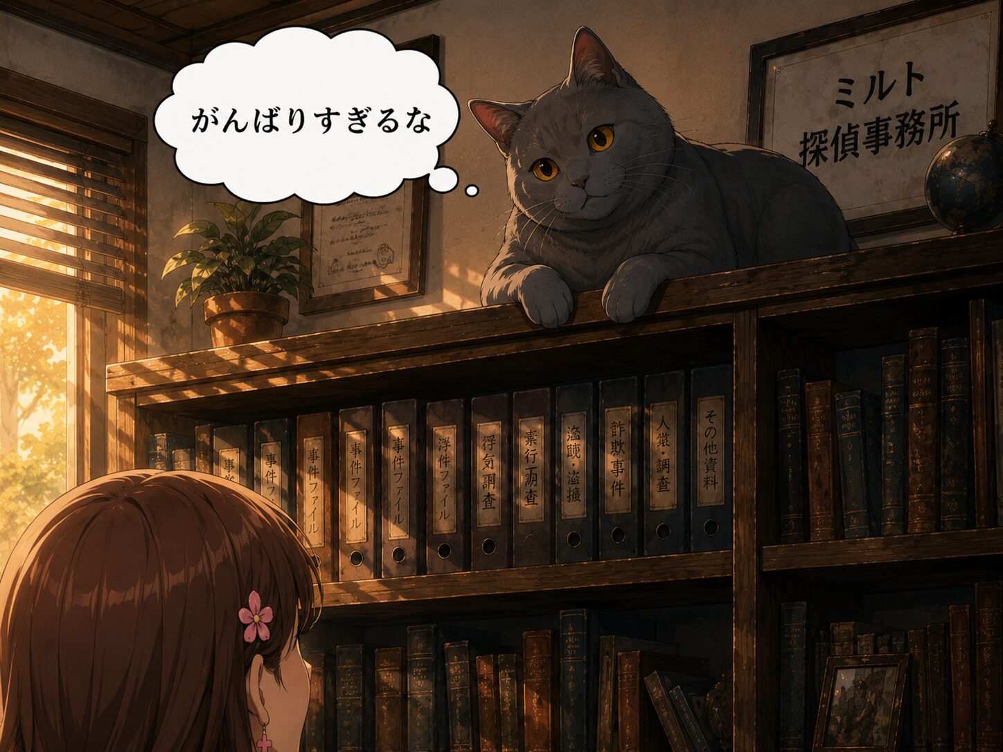 ルリが本棚の上からサクラを見下ろす