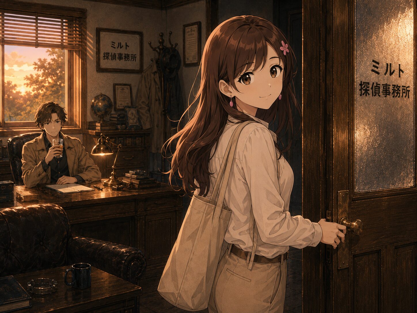 ドアの前で力の抜けた笑顔を見せるサクラ