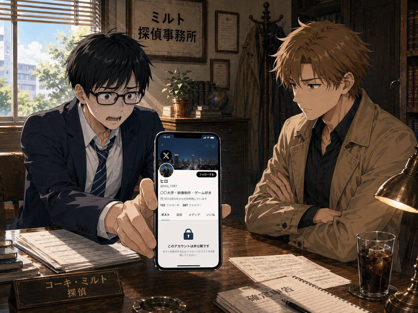 コーキにスマホを見せるヒロ