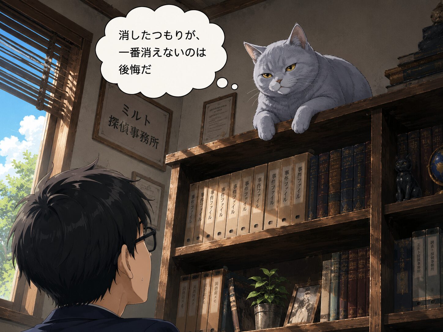 ルリが本棚の上からヒロを見下ろす