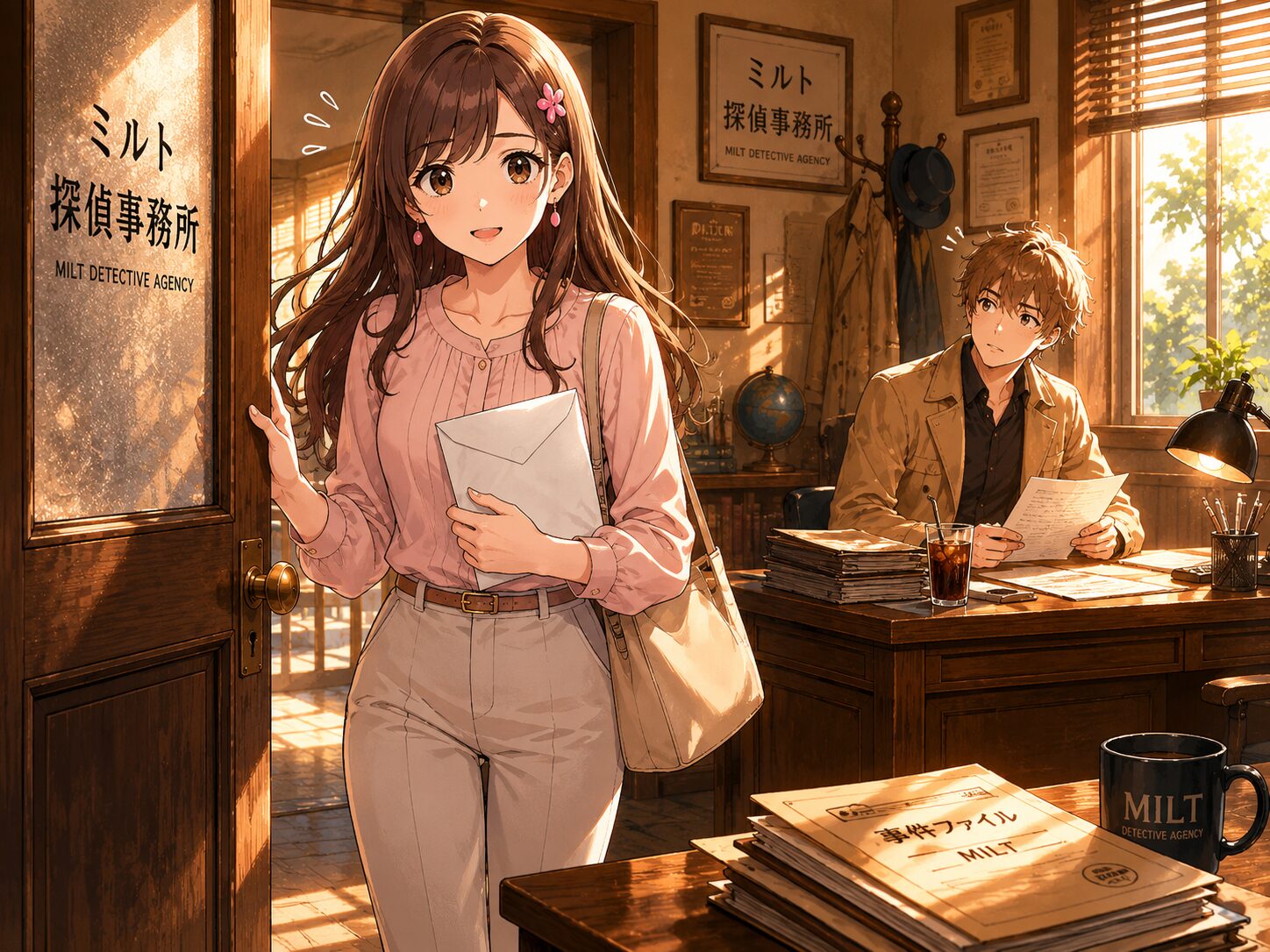 保険証券の封筒を持って事務所を訪れるサクラ
