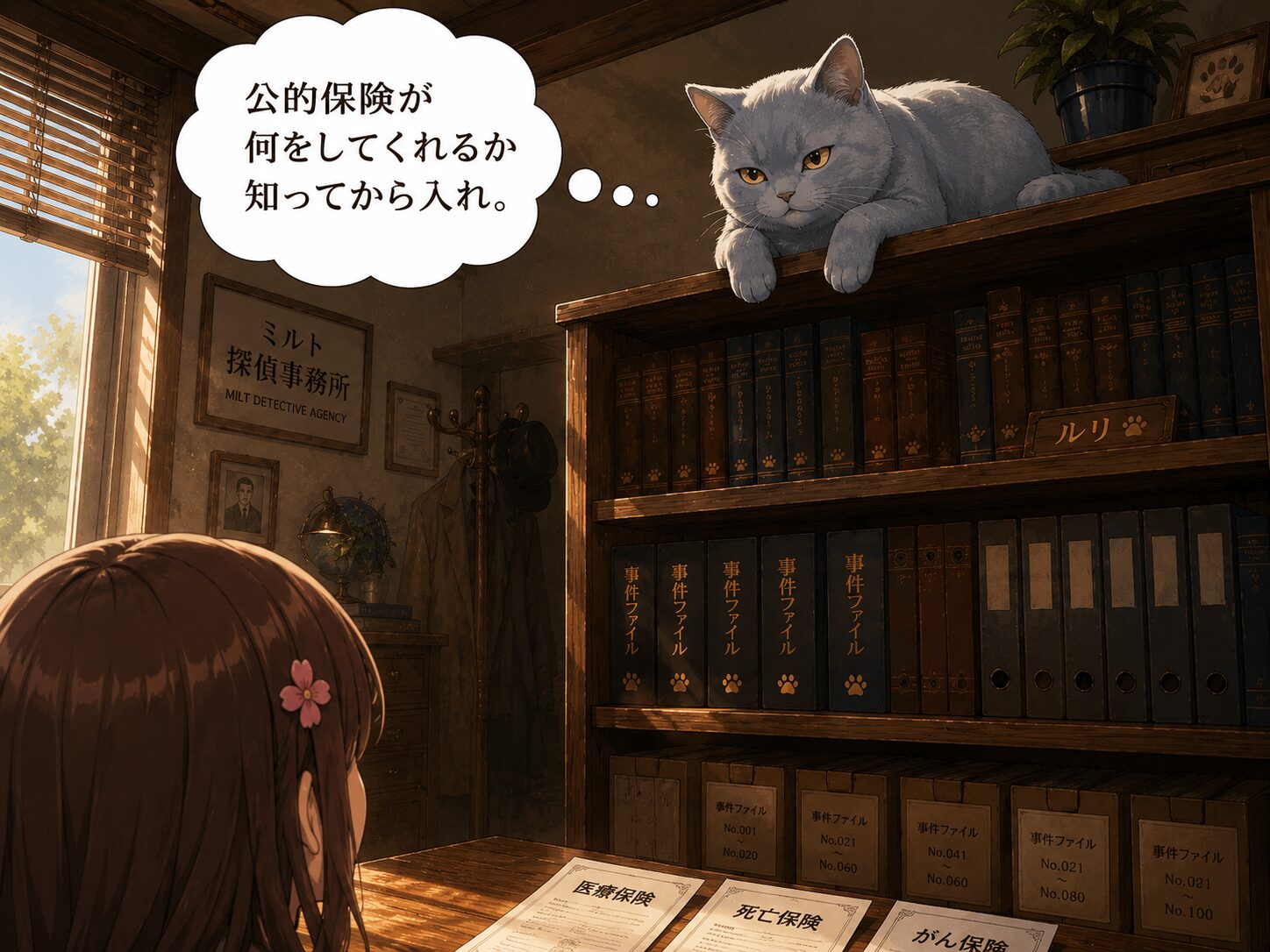 ルリが保険証券の並んだテーブルを見下ろす