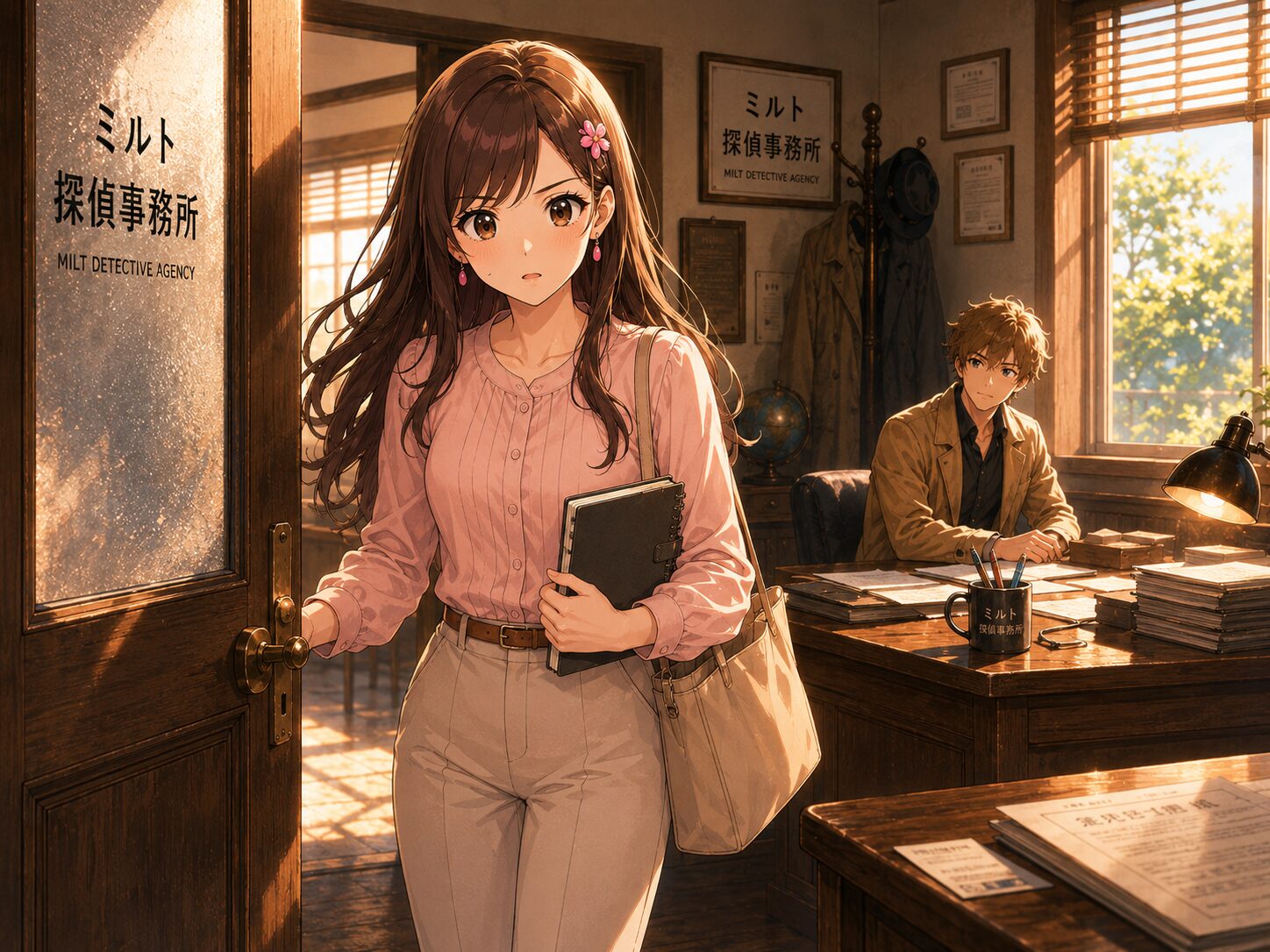 手帳を持って事務所を訪れるサクラ