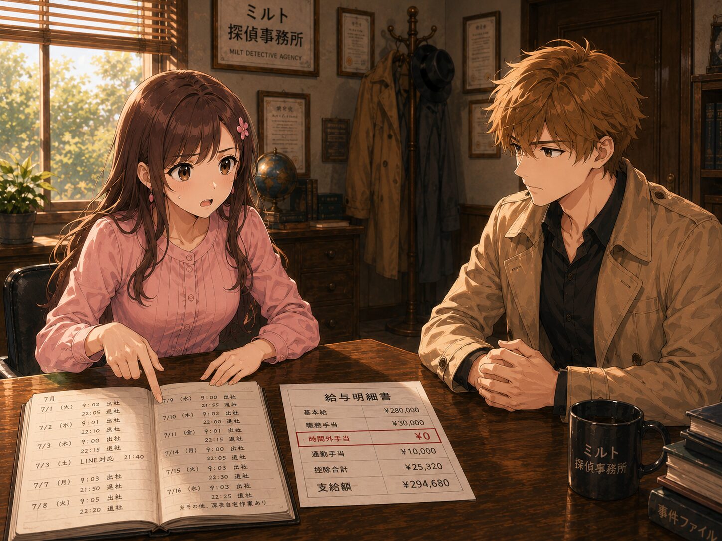 手帳と給与明細を並べてコーキに説明するサクラ
