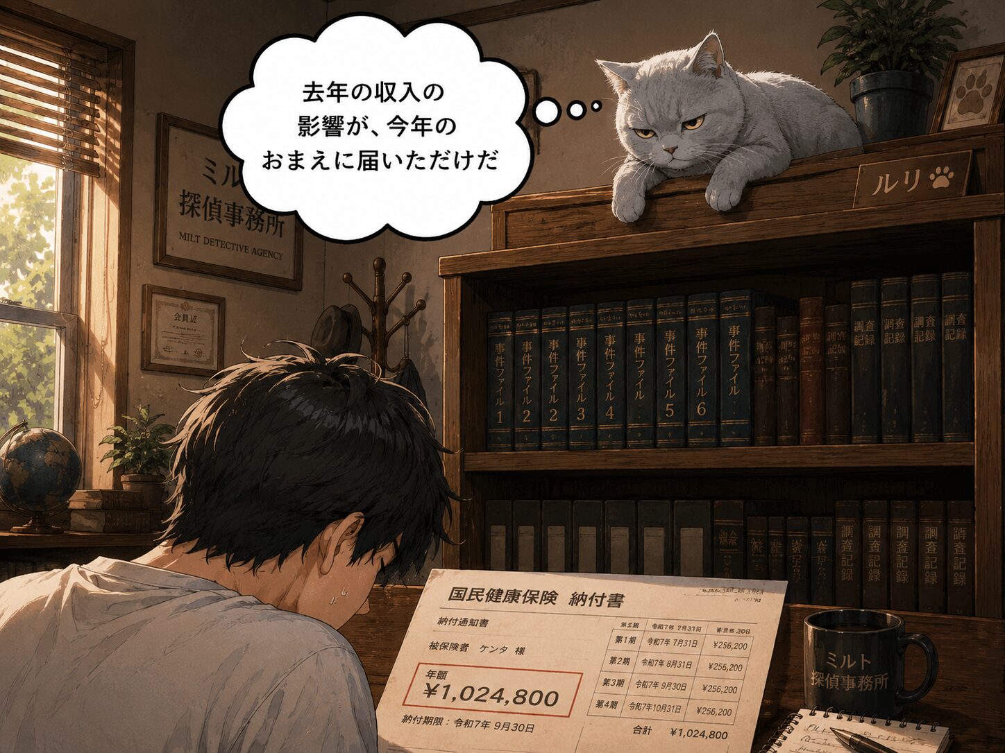 ルリが納付書をのぞき込むケンタを見下ろす
