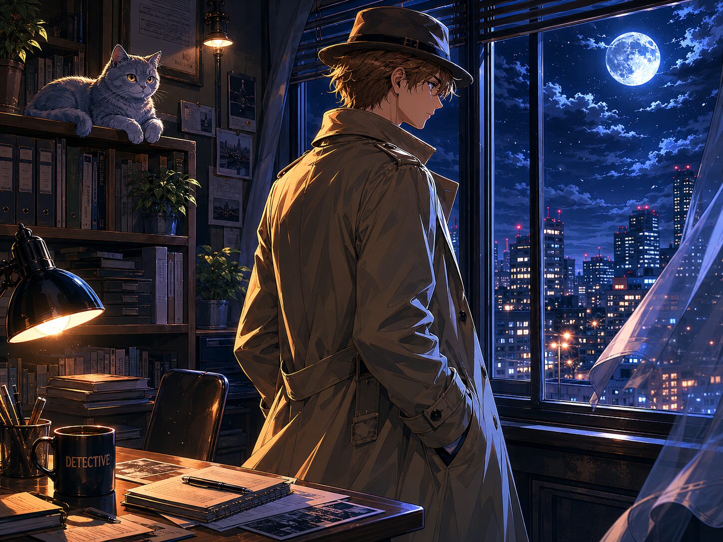 夜の事務所で窓の外を見つめるコーキ・始まりの夜