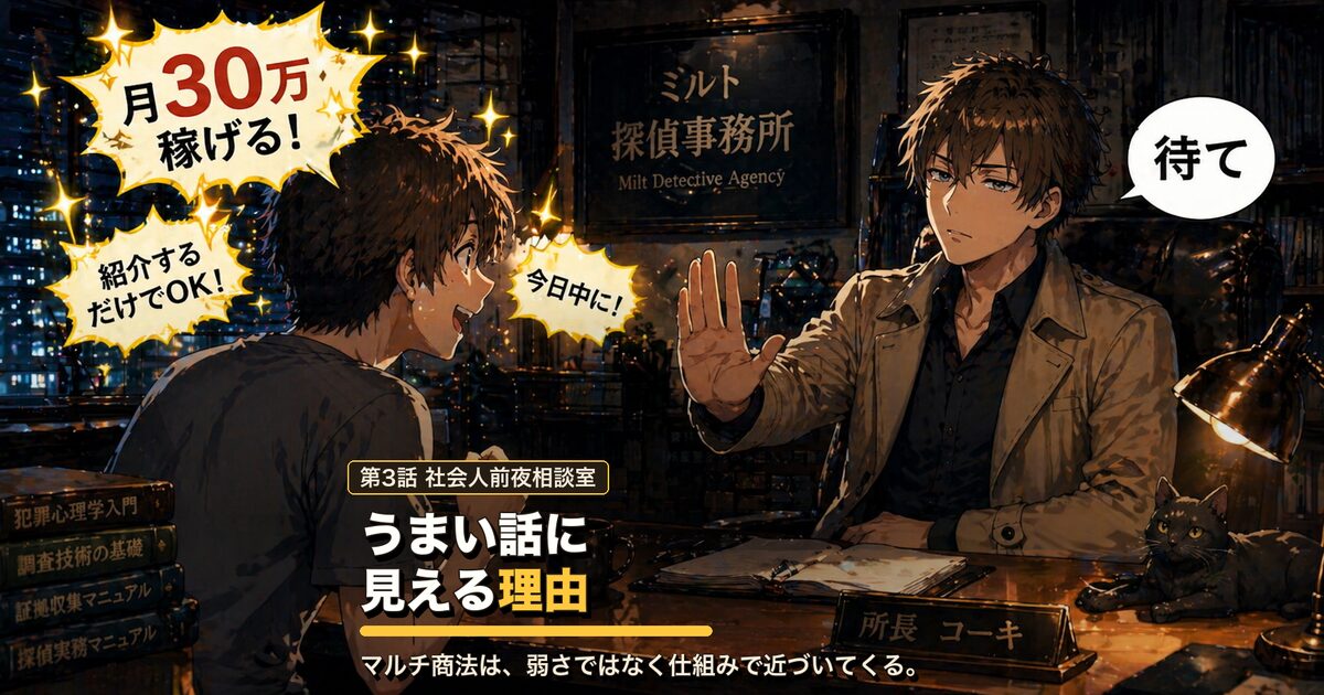 第3話アイキャッチ：マルチ商法の勧誘を受けるケンタ