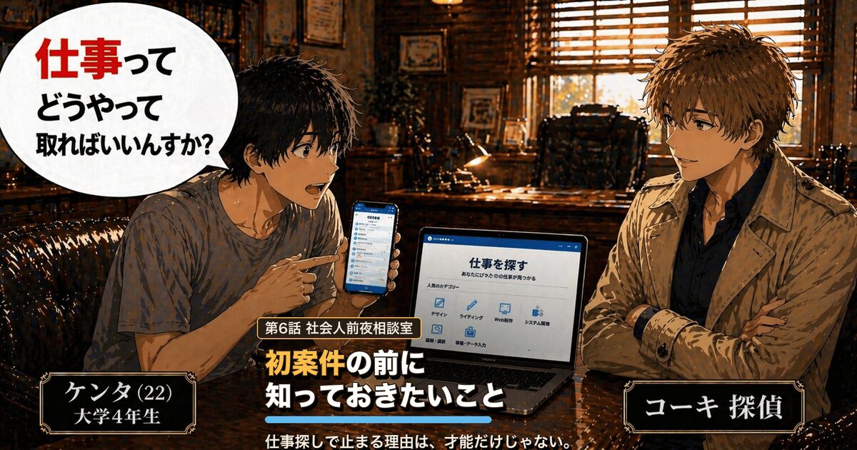 第6話アイキャッチ：最初の仕事の探し方に悩むケンタ