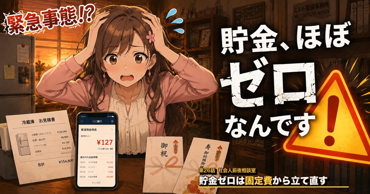 第26話アイキャッチ：貯金ゼロで冷蔵庫故障とご祝儀に慌てるサクラ