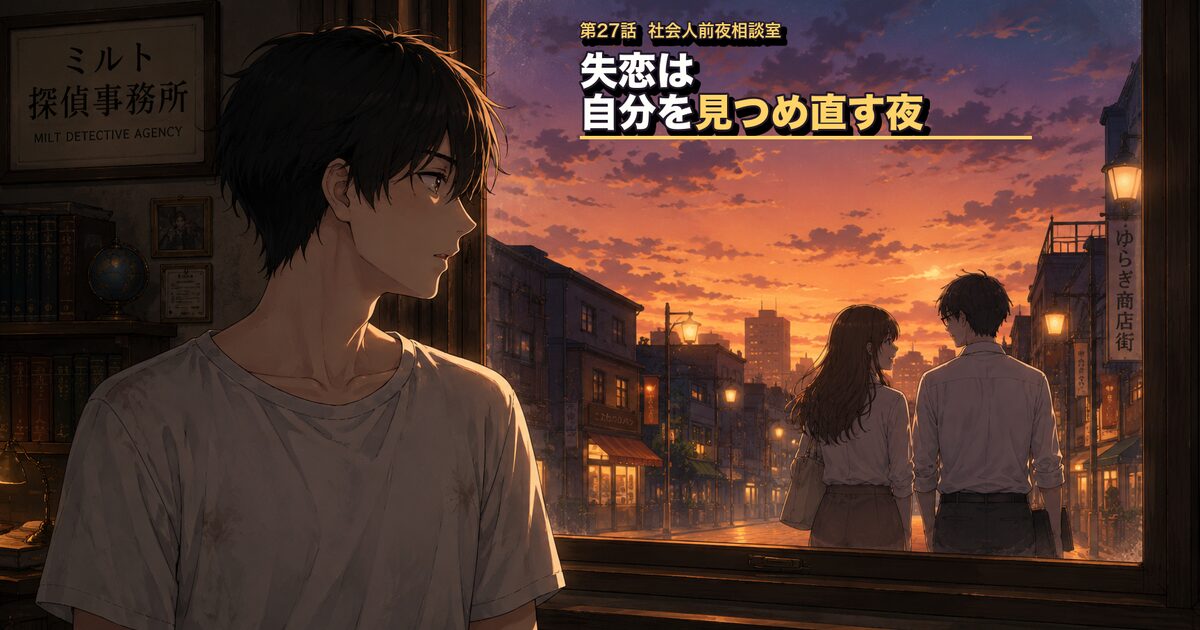 第27話アイキャッチ：サクラとヒロを見て失恋に気づくケンタ