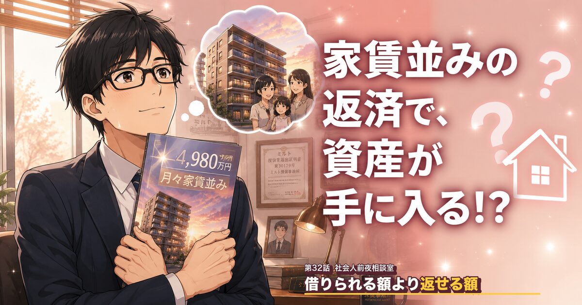 第32話アイキャッチ：住宅ローンの怖さを知らずモデルルームで夢を見るシーン