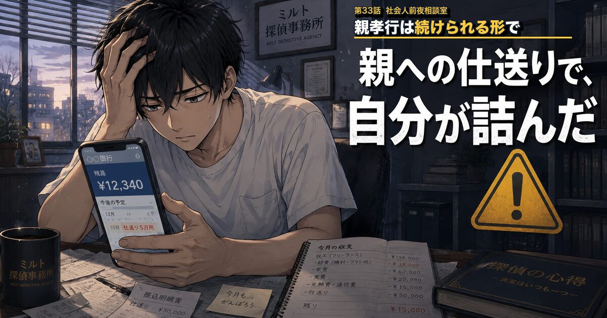 第33話アイキャッチ：親への仕送りで自分の家計が詰んだケンタ