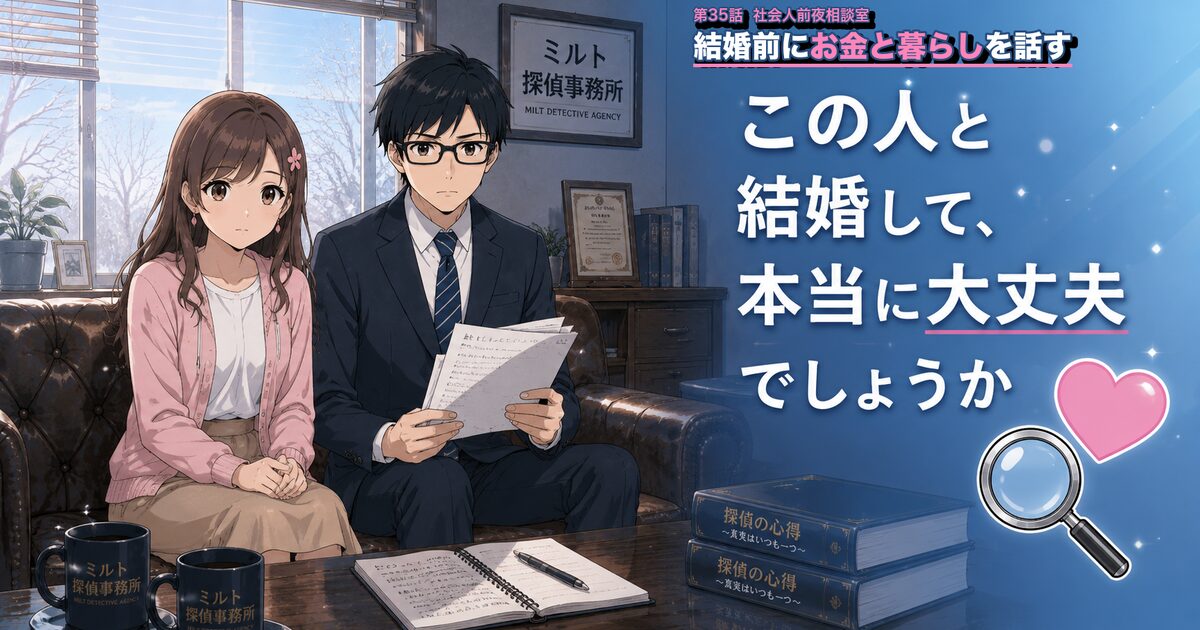 第35話アイキャッチ：結婚して大丈夫か確認するサクラとヒロ