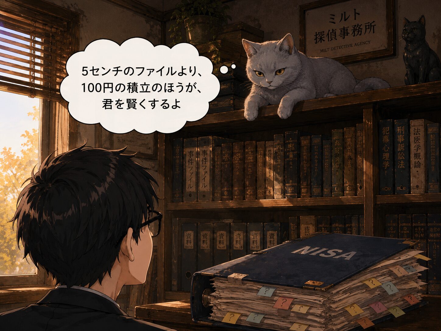 ルリがファイルの山を見下ろしてまとめるシーン