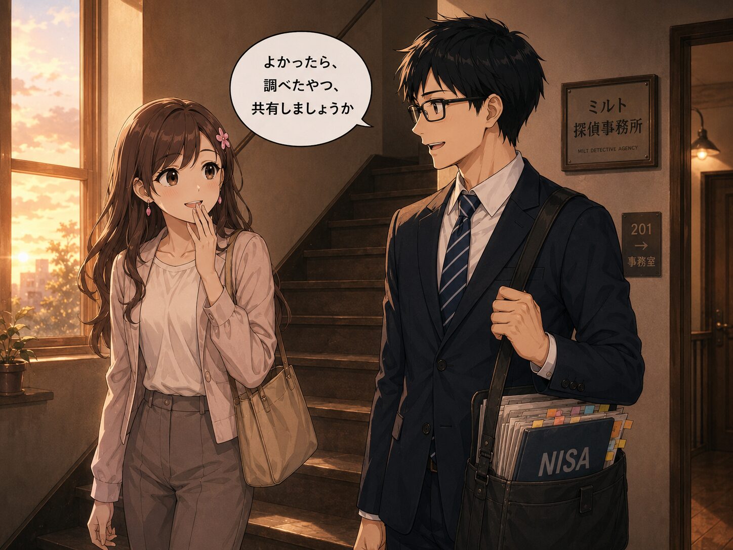 階段で言葉を交わすヒロとサクラ