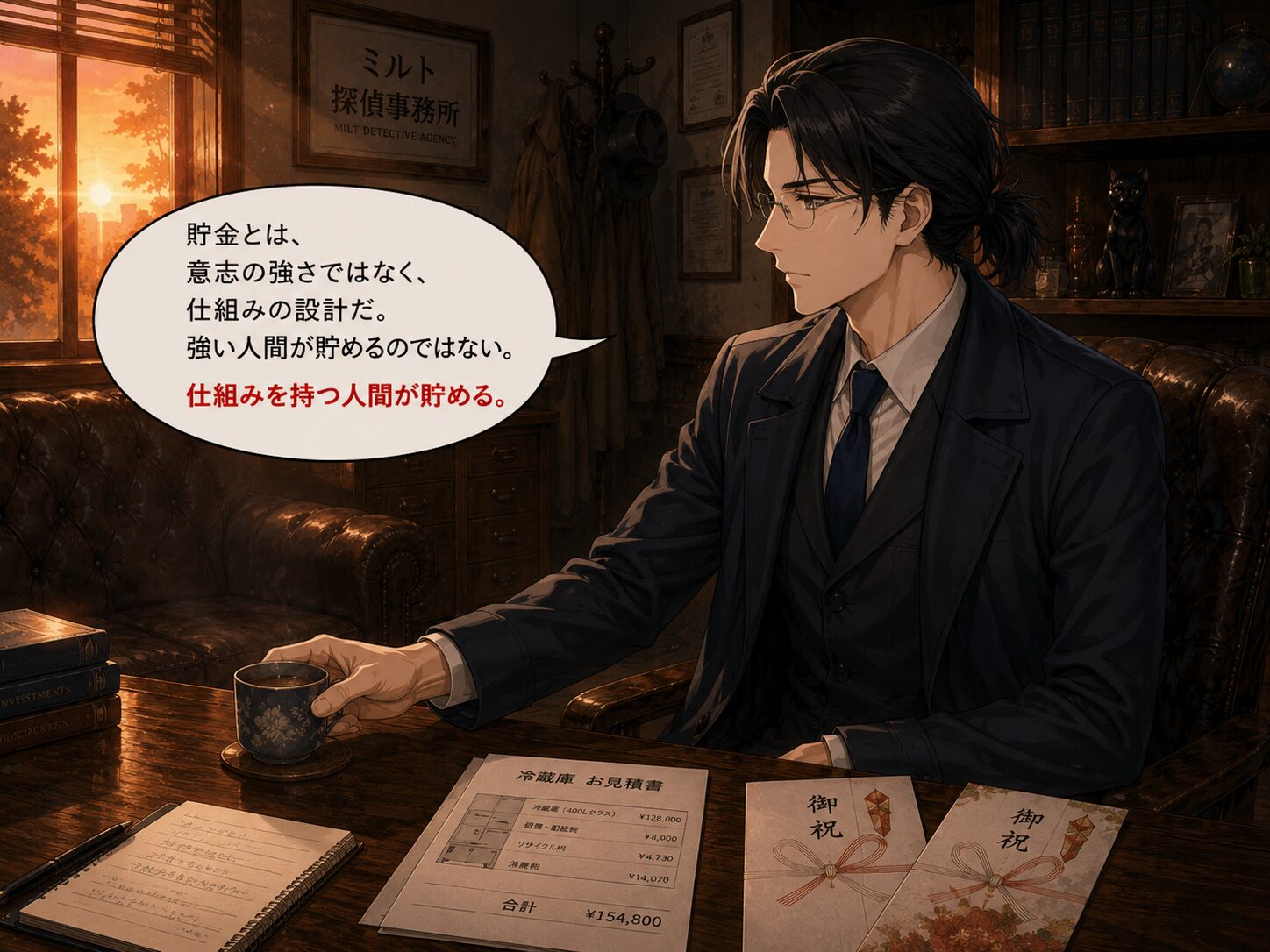ケイイチロウが貯金は仕組みの設計だと告げるシーン