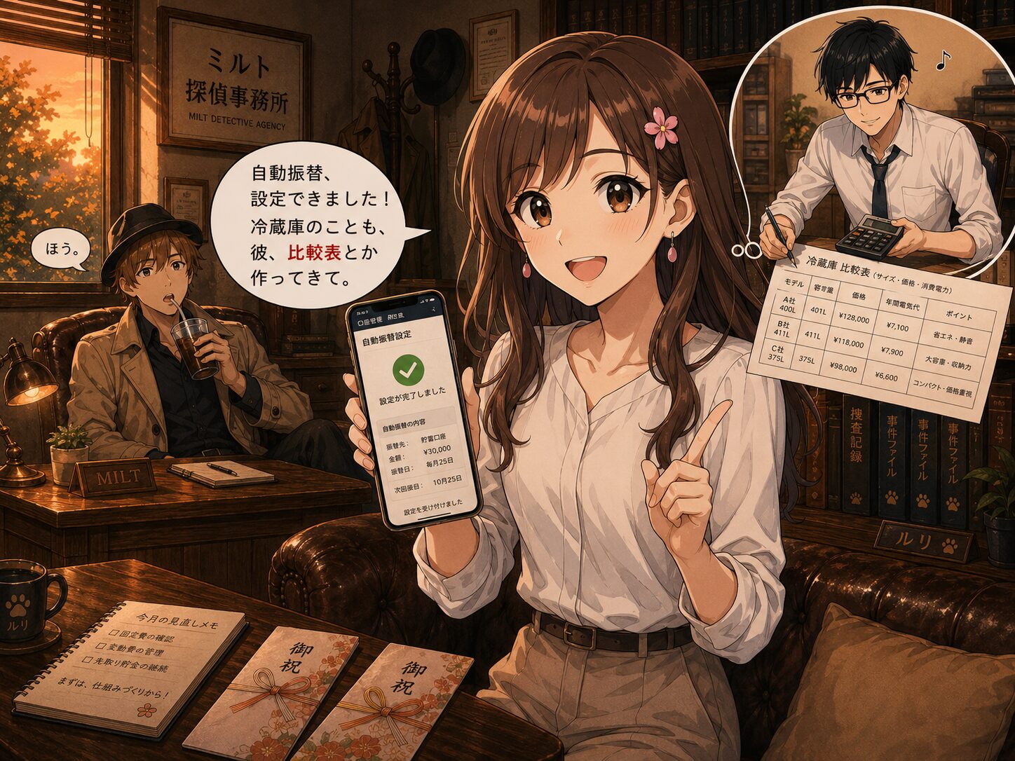 自動振替の設定を報告する得意げなサクラ