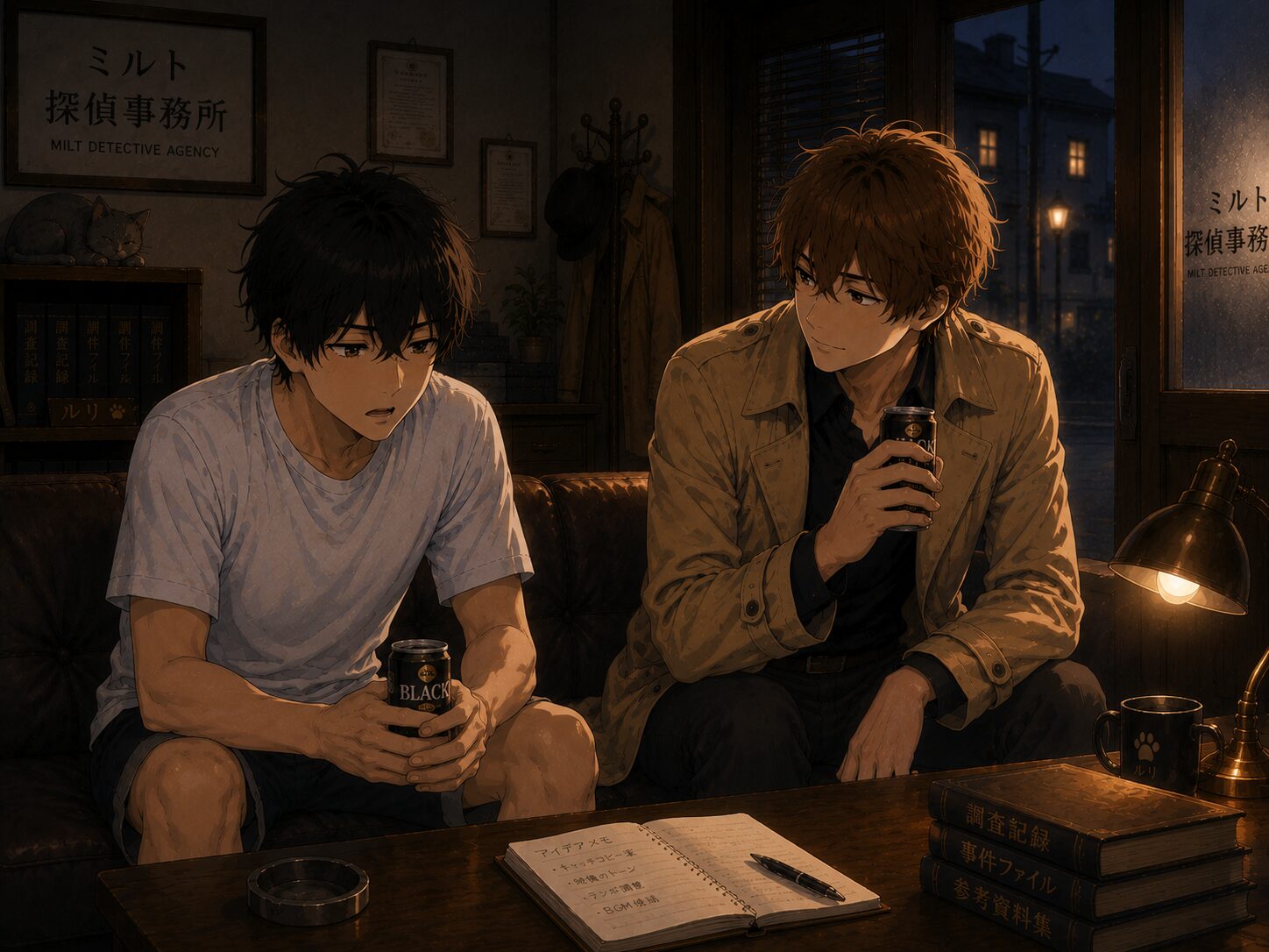 コーキと缶コーヒーを飲むケンタ