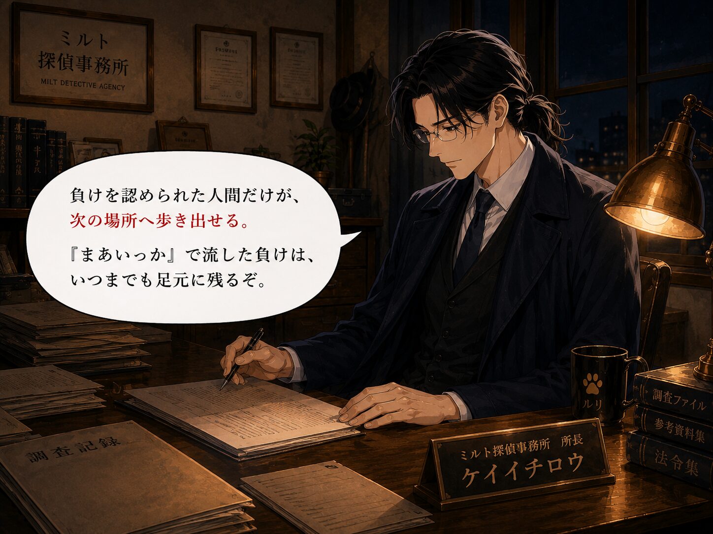 ケイイチロウが負けを認めることについて語るシーン
