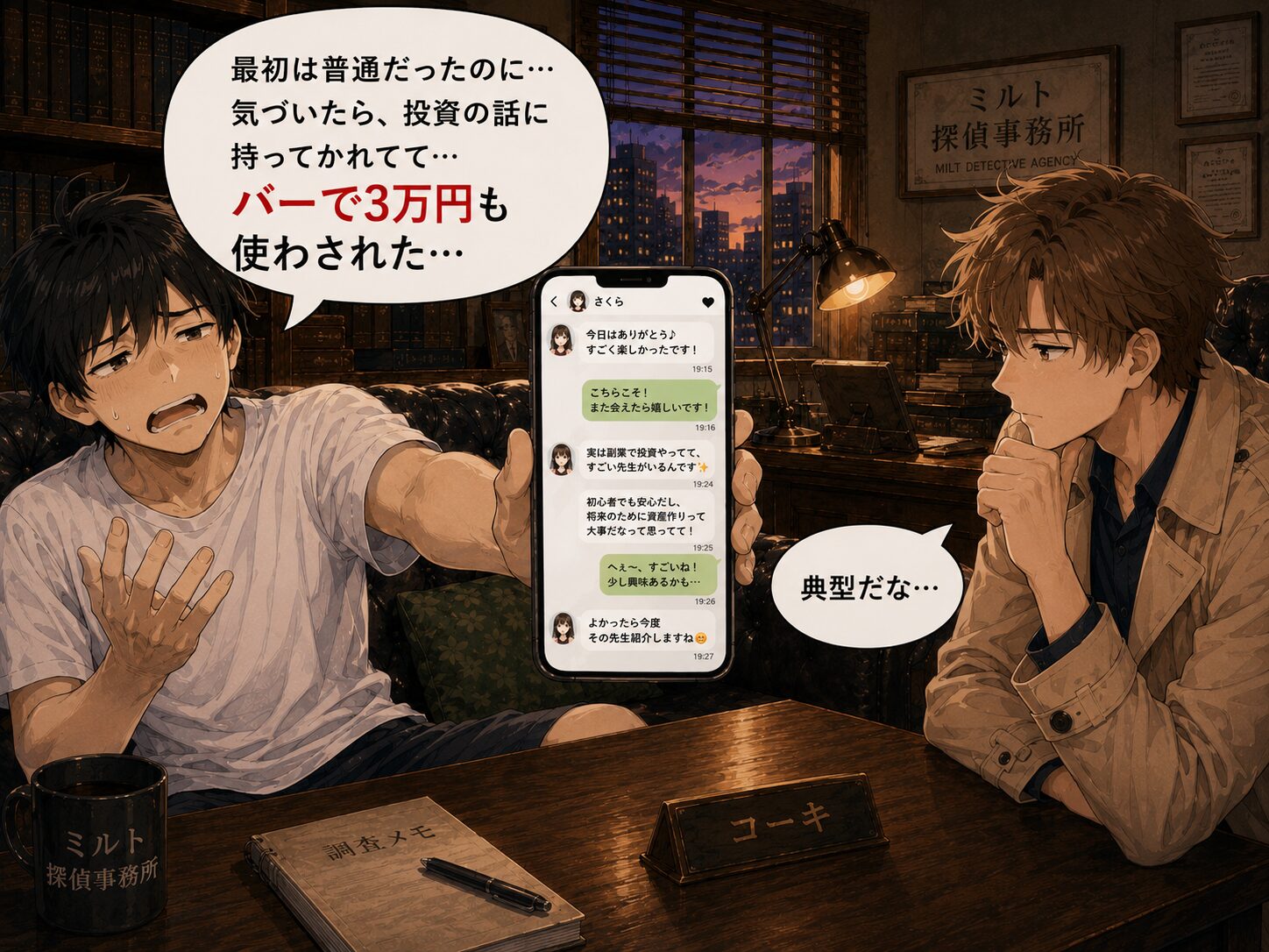 投資勧誘のメッセージ履歴を見せるケンタ