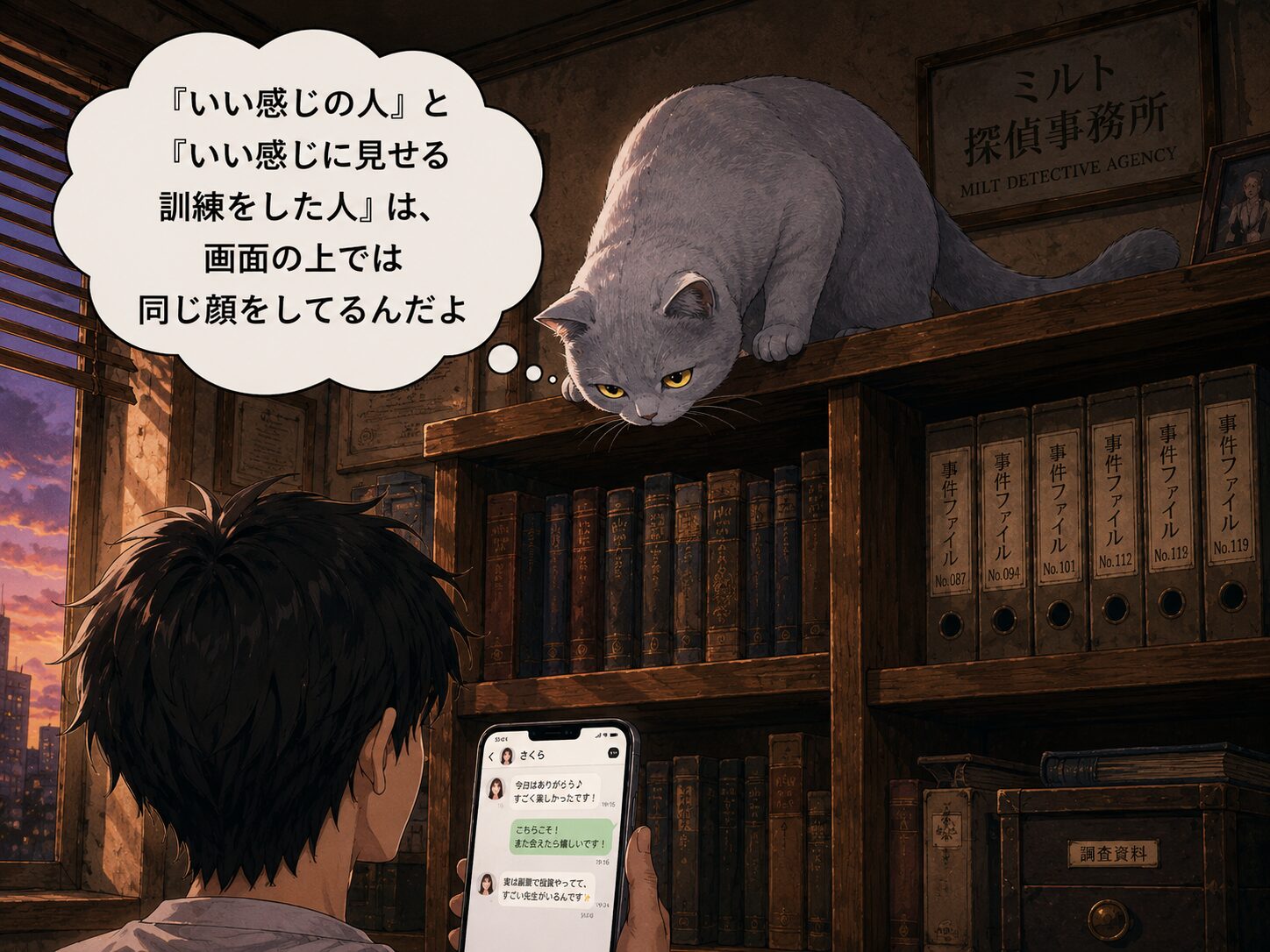 ルリがスマホをのぞき込みまとめるシーン