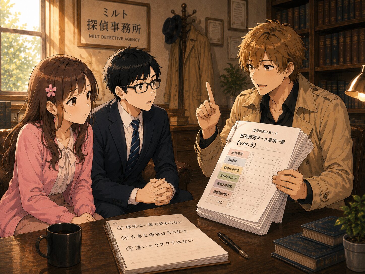 コーキが確認事項を3つに絞ることを説明するシーン