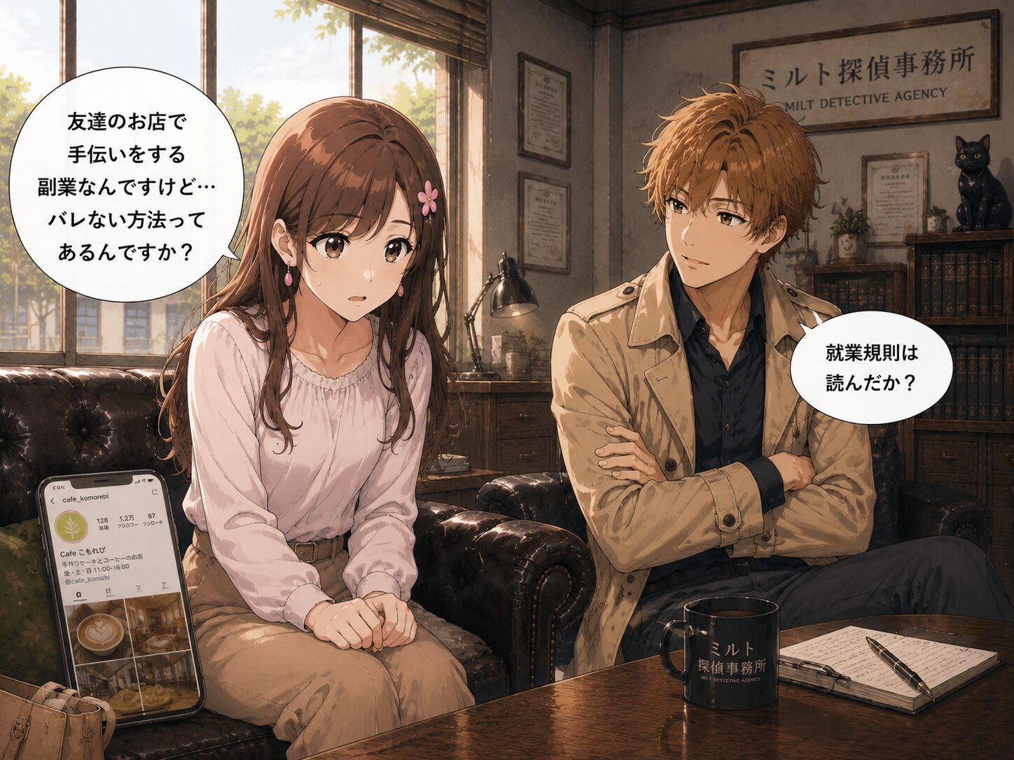 友人の店の副業話を説明するサクラ