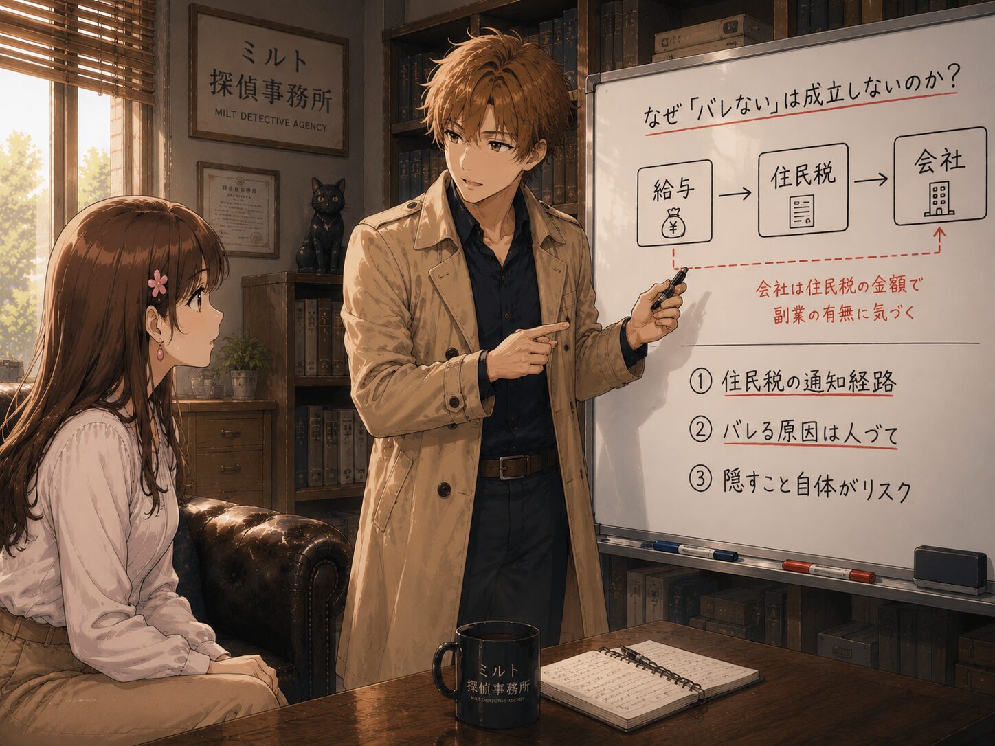 コーキがホワイトボードに副業の仕組みを描くシーン