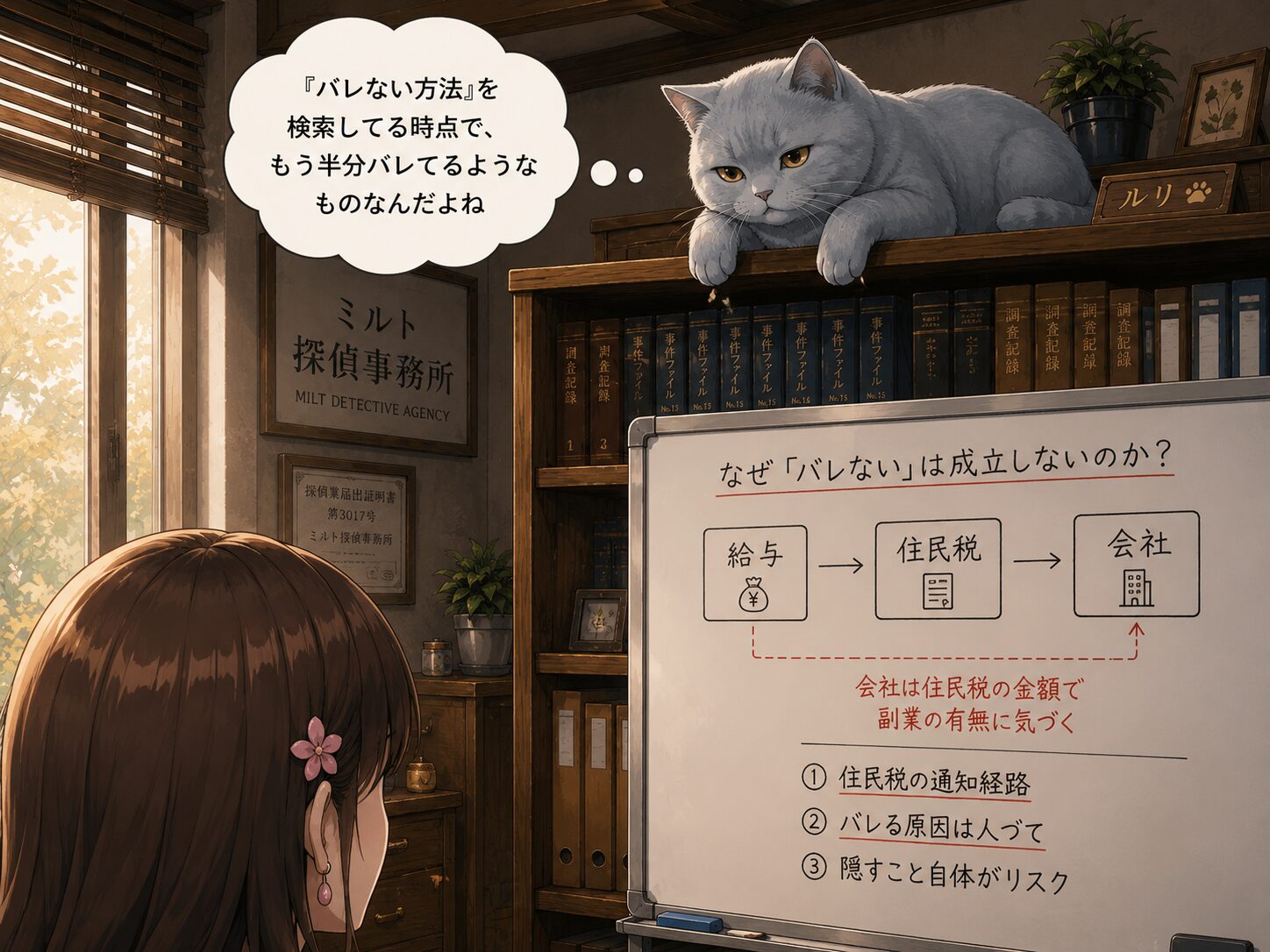 ルリがホワイトボードの図を眺めるシーン