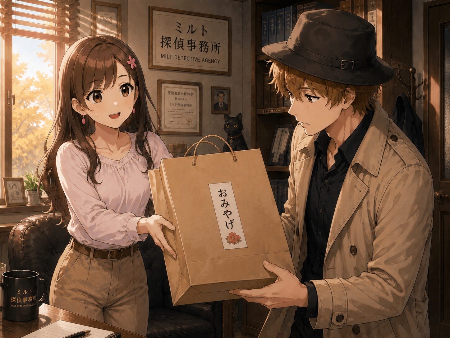 実家からお土産を持って事務所に来たサクラ
