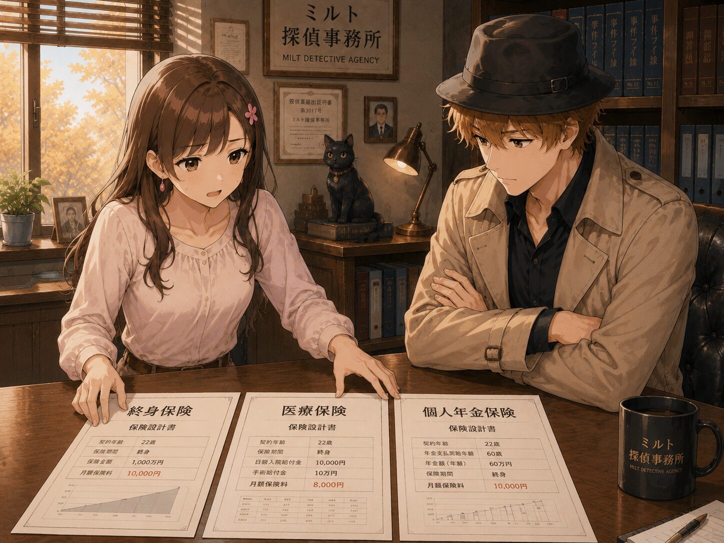 保険の設計書を広げるサクラ