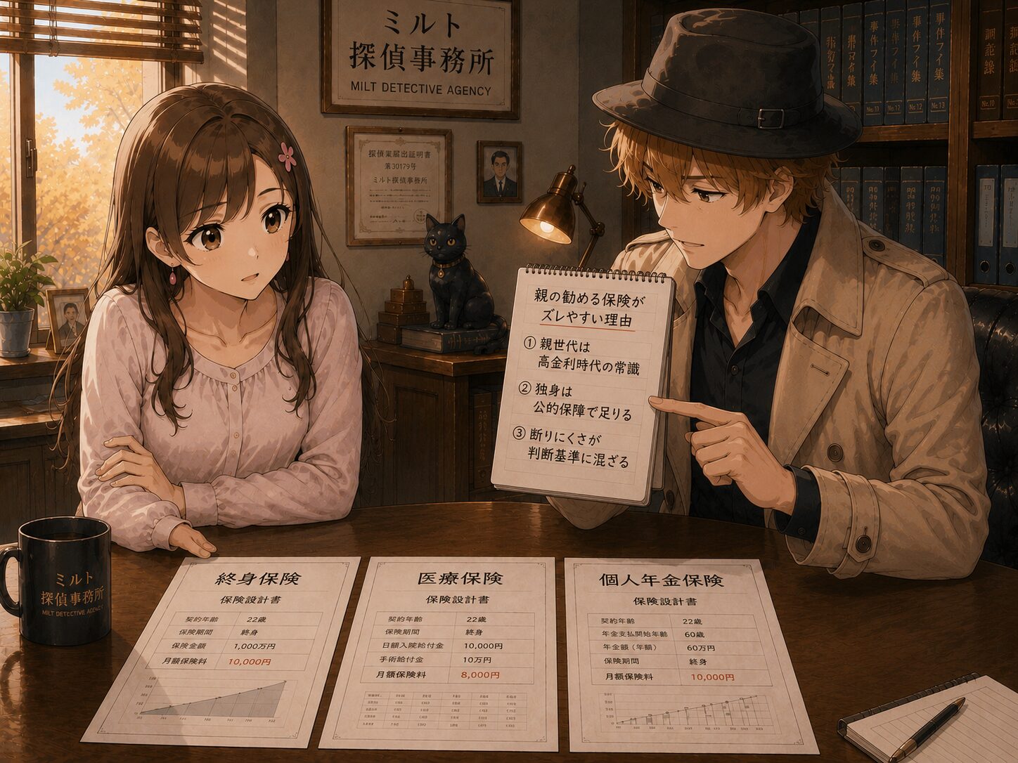 コーキが保険の設計書を並べて説明するシーン