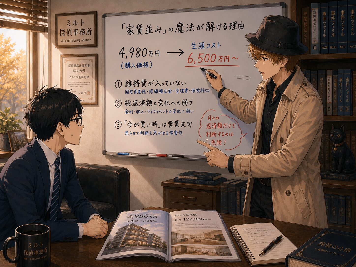 コーキがホワイトボードに住宅ローンの総額を書くシーン
