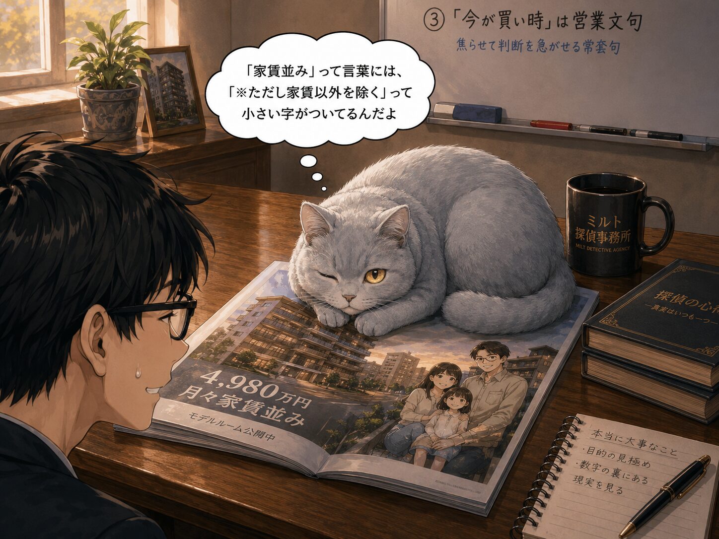 ルリがパンフレットの上で丸くなるシーン