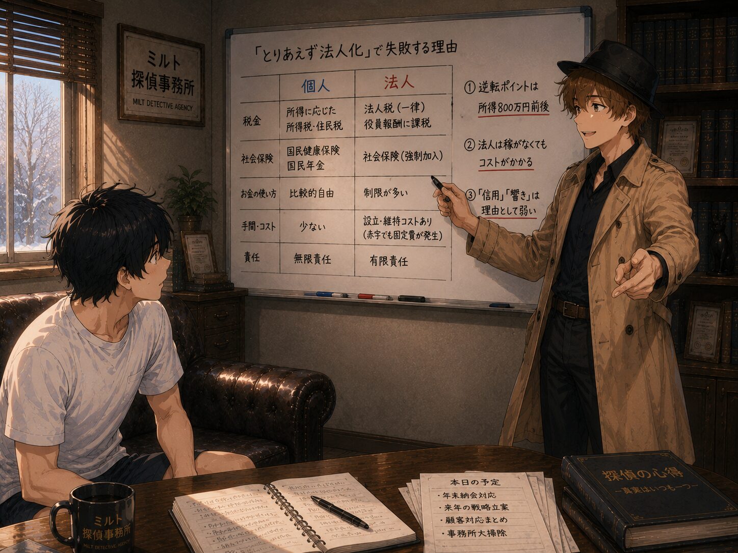 コーキがホワイトボードに個人と法人を書くシーン