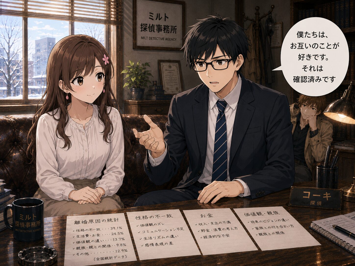 婚姻関係事件の申立て動機や相談例をまとめたメモを見せるヒロ