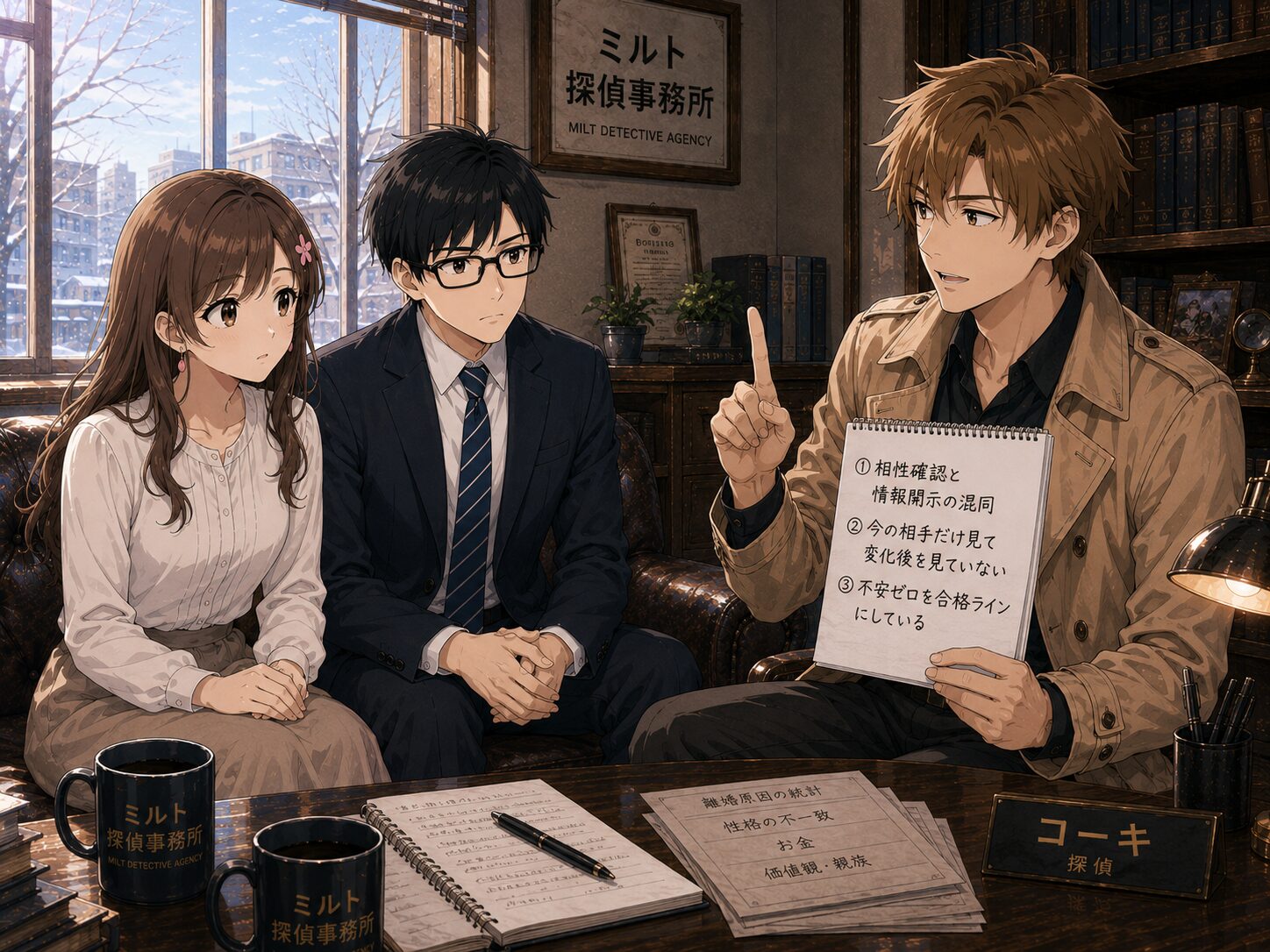 コーキが結婚前の確認事項について説明するシーン