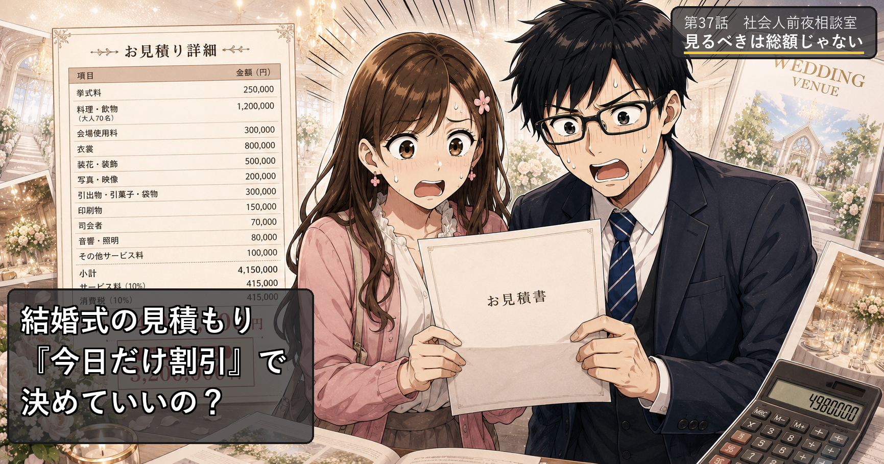 第37話アイキャッチ：結婚式の見積もり380万円に固まるヒロとサクラ