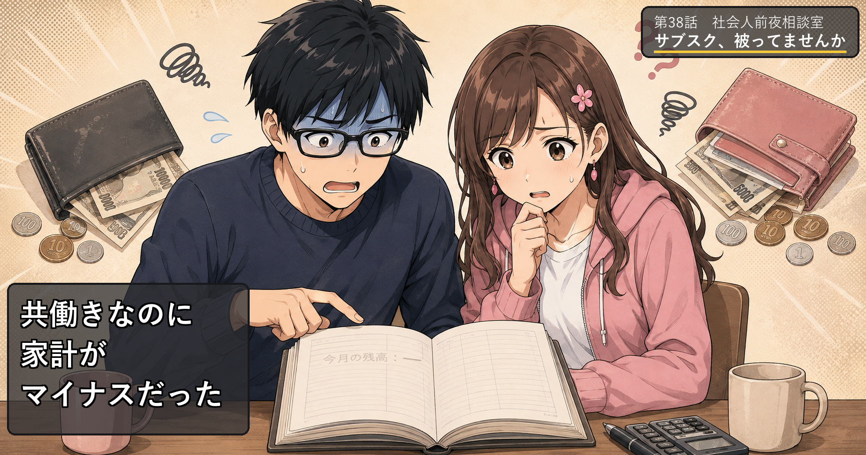 第38話アイキャッチ：共働きなのに家計がマイナスだったサクラとヒロ