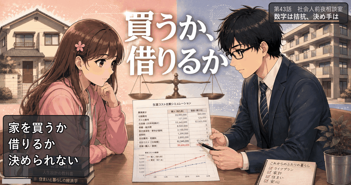 第43話アイキャッチ:家を買うか借りるか本当の答えを出せずにいたヒロとサクラ