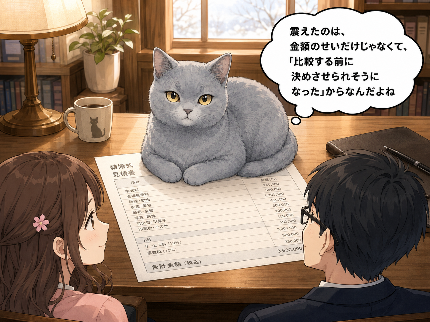見積書の上で香箱座りをするルリ